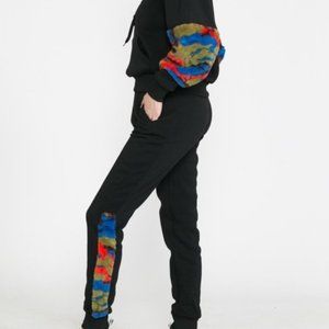 Camouflage Fax Fur Contrast Hoodie Loungewear Joggers Pant Set Junior Size